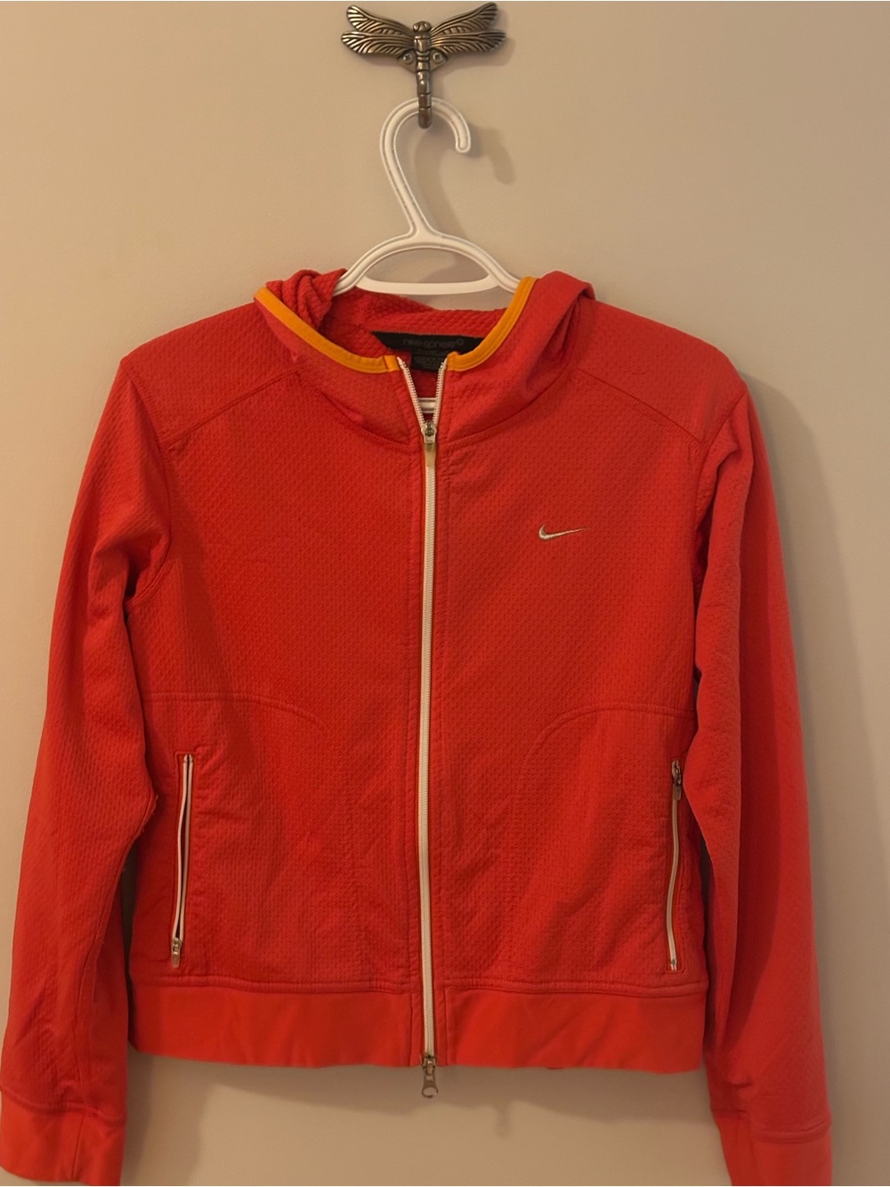 Nike Women's Red Hooded Full-Zip Jacket with Yellow Trim